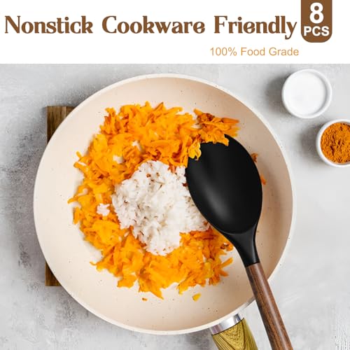 Silicone Cooking Utensil Set, Umite Chef 8-Piece Kitchen Utensils Set with Natural Acacia Wooden Handles,Food-Grade-Silicone Kitchen Gadgets Spatulas Set for Nonstick Cookware- Black - color: Black