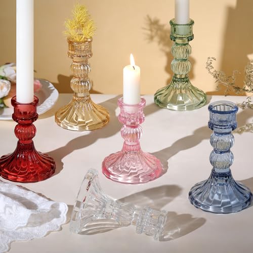 6Pcs Clear Candlestick Holders Set - 4" H & 5" H Striped Taper Candle Holders Bulk, Glass Candle Holders for Wedding, Festival, Party, Table Centerpiece, Gifts - color: Clear, size: Striped Pattern