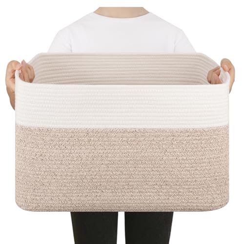Blanket Basket, Cotton Rope Woven Storage Basket for Living Room, Toy Bin for Kids, Nursery, Baby Room Decorative Organizer, 18''×14''×12'', Brown & White - color: Brown & White, size: 50L