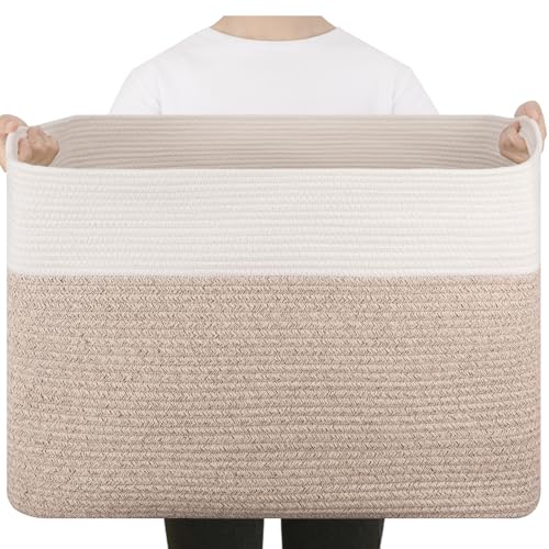 96L XL Large Cotton Rope Basket, Soft Toy Storage Bin for Nursery & Living Room, Decorative Blanket Basket for Bedroom, Baby-Safe Organizer for Pillows &Laundry, 24''×16''×15'', Brown & White - color: Brown & White, size: 96L