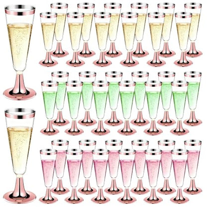 GuanQiao 100 Pack Plastic Champagne Flutes with Rose Gold Rim Pink Bottom, 5.5 Oz Clear Disposable Plastic Champagne Glasses, Wine Glasses Cups for Wedding Celebration New Years Eve Party Supplies - color: Pink Bottom Pink Rim, size: 100-Pack