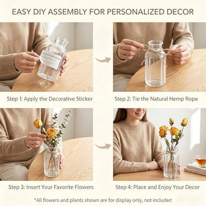 6.38 Inch 17oz Clear Glass Vase, Wide Mouth Flower Vase with Hemp Rope | Thickened Glass Body, Natural Hemp Rope, Smooth Wide Mouth, Stable Base, DIY Sticker Included, 2 Color Options - color: Clear