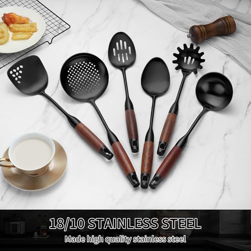 Izurok 18/10 Stainless Steel Kitchen Utensils Set,6 Piece Cooking Utensils With Wood Handle,Heat Resistant Kitchen Tool Set With Spatula, Spoon, Ladle, Skimmer, Slotted Spoon, Pasta - color: BLACK-6 Pieces, size: Large