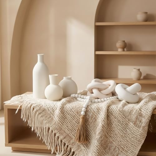 Farmhouse Decor Set Ceramic Vase Wood Bead Garland Wood Knot,White - color: White
