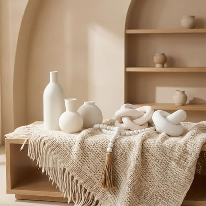 Farmhouse Decor Set Ceramic Vase Wood Bead Garland Wood Knot,White - color: White