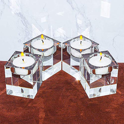 4 Pcs Clear Crystal Candle Holders, 2×2×1.6 inch Square Tealight Candle Holders Solid Square Tea Light Holders for Table Centerpiece Wedding Decor and Dinner Party Home Decor Candlelight