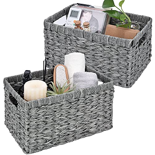 GRANNY SAYS Wicker Storage Baskets for Organizing, Basket Organizer, 2-Pack | Waterproof Wicker Baskets with Handles, Cabinet,Coffee Table,Gray Plastic Baskets for Shelves,Handwoven Bathroom Storage Bins - color: Gray, size: 13"L x 8¼"W x 7"H