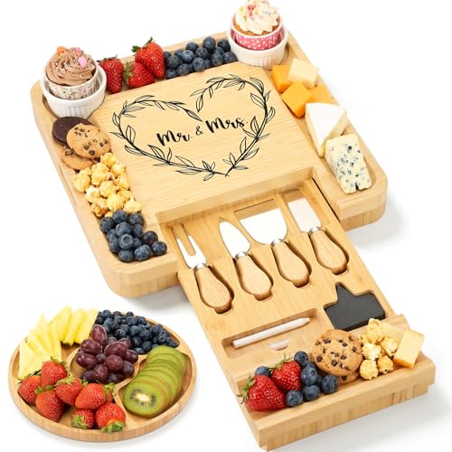 Wedding Gifts for Couples Engraved Charcuterie Board Gift Set | Large Cheese Charcuterie Board, Newlyweds Mr and Mrs Bridal Shower Gifts, Wedding Engagement Gift - style: Mr Mrs
