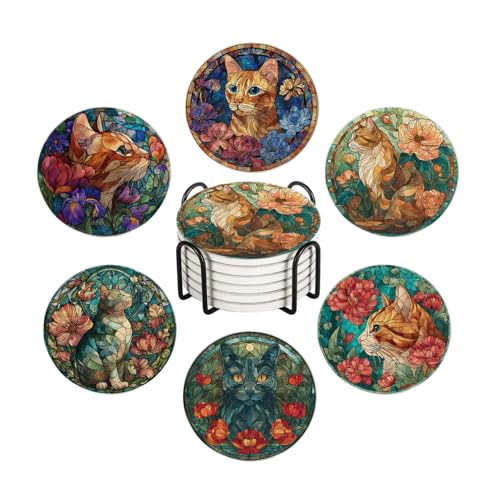 LOKMU Coasters for Drinks,Round Absorbent Ceramic Stone Coaster Sets of 6 with Metal Holder Stand,Stained Glass Cat and Flowers Coasters with Cork Base for Coffee Wooden Table,Housewarming Gifts - color: Stained Glass Cat