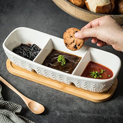 Miamolo Condiment Bowls Divided Serving Tray, Chip and Dip Bowl for Party | Ceramic 10-inch, 3 Compartment Tray + Wood Base | for Snacks Appetizer Charcuterie, Microwave Oven Safe, Hosting Essentials - size: Medium-10 inches