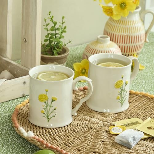 Ceramic coffee Mugs, Set of 1 Yellow Flower - 16oz, Hand-Painted, Microwave heating and dishwasher cleaning available, Ideal for Daily Brews - color: Yellow Flower