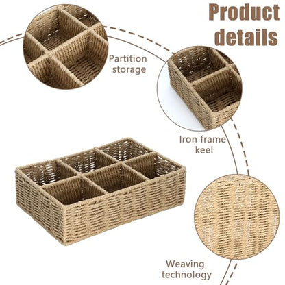 Makeup Organizer, Hand-woven Wicker Basket for Dresser and Bathroom Countertop Organizer, 6 Compartments Makeup Brush Holder Skincare Organizer, Cosmetic Storage for Lipstick Eyeshadow Palette