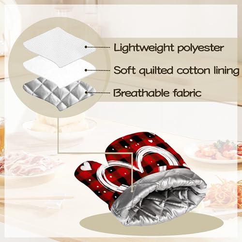 Plaid Love Heart Oven Mitts and Pot Holders Set of 4, Heat Resistant Non Slip Kitchen Gloves Hot Pads, Chef Cooking Baking Gifts for Women Bakers, Kitchen Gifts for Cooking Lover Cooks Mom - color: Plaid Love Heart