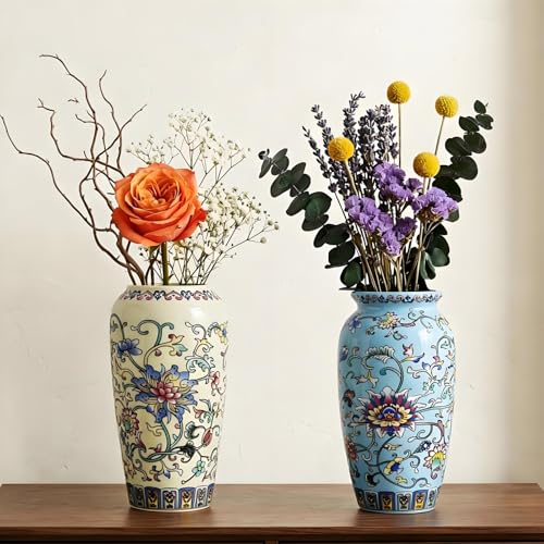 ZAVOOS Vintage Ceramic Vase Set of 2, Blue and Beige Color | Small Antique Flower Vases, Decorative Chinoiserie Floral Vase for Home Decor, Living Room, Table Centerpiece, Farmhouse