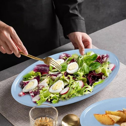 Webbylee ‌16" Melamine Oval Platter Set of 2- Lightweight Durable Serving Tray for Party, Catering & Home | Dishwasher Safe, Fits Turkey/Charcuterie-Blue & Beige - color: Cream-Blue / 16-O, size: 15.8-inch