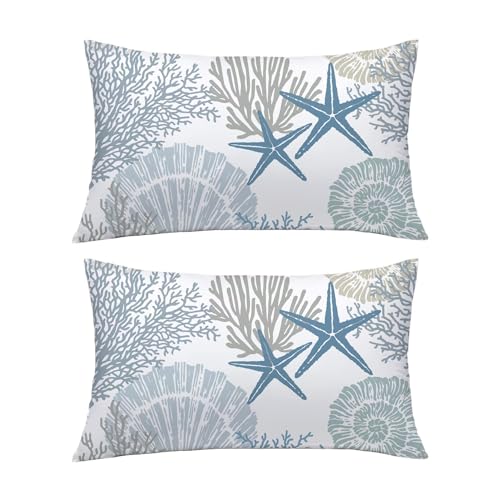 Coastal Lumbar Pillow Covers Set of 2, 12x20, Blue | Soft Velvet Touch, Beach Nautical Starfish Ocean Themed, Decorative Pillow Cases for Bedroom Living Room Sofa - size: 20" x 12" (Pack of 2)