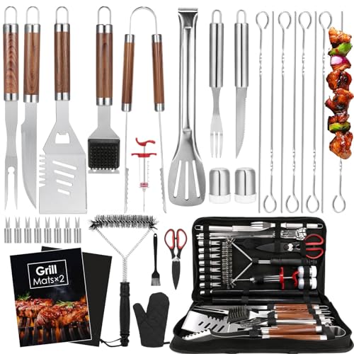 Yoehka BBQ Grilling Accessories Set, 34Pcs Heavy Duty Grill Tools, Brown | For Outdoor Camping, Grilling Gifts for Fathers Day, Men Dad, Stainless Steel Barbecue Utensils Kit, Includes Mats and Glove - style: Brown handle