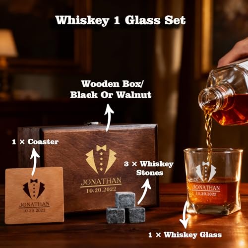 Personalized Whiskey Glass Gift Set – 10.25 oz Engraved 1 Bourbon Glass & 3 Stones & 1 Wooden Coaster with Wooden Box,Old Fashioned Cocktail Glass, Groomsmen & Father’s Day Gift.