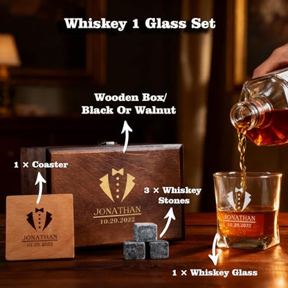 Personalized Whiskey Glass Gift Set – 10.25 oz Engraved 1 Bourbon Glass & 3 Stones & 1 Wooden Coaster with Wooden Box,Old Fashioned Cocktail Glass, Groomsmen & Father’s Day Gift.