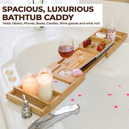 Premium Bamboo Bathtub Tray Caddy for Tub - Expandable Foldable Bath Tray - Unique House Warming Gifts, New Home, Anniversary & Wedding Gifts for Couple, Bath Table Bridal Shower Gift
