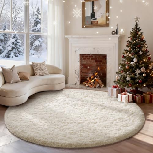 Ophanie Round Rugs 6Ft Ivory Circle Area Rug, Aesthetic Room Decor, Fluffy Fuzzy Bedroom Carpet, Plush Soft Shaggy Cream Living Room Rugs for Kids Home Decor, Nursery with Over 99 pcs Pile fibers - color: 2- Ivory, size: 6' (Round)