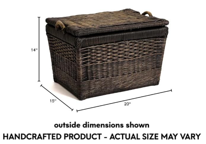 The Basket Lady Lift-Off Lid Wicker Storage Basket, M, Walnut Brown | Outside: 20" L x 15" W x 14" H | Inside: 17.5"L x 12"W x 11"H - Handcrafted by artisans from natural rattan - color: Antique Walnut Brown, size: Medium