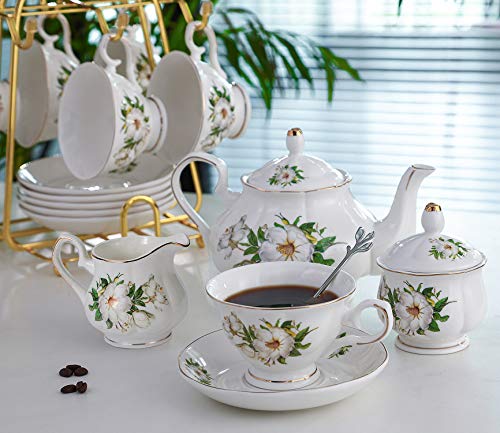 CHENP.HMC Porcelain Tea Cup Set 22-Piece Ceramic Coffee Tea Sets (Camellia) | Cups Saucer Service for 6 Teapot Sugar Bowl Creamer Pitcher and Teaspoons Tea Pot Sets - color: White Green