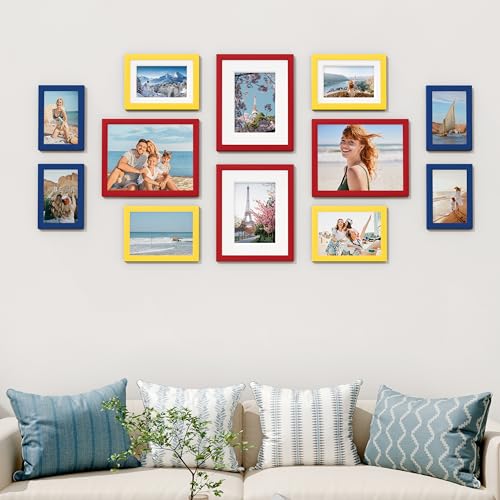 Vittanly 12 Pack Gallery Wall Frame Set, Red, Yellow, Blue | Gallery Wall Frame Set: 4pcs 8x10, 4pcs 5x7 & 4pcs 4x6 Photos for Wall & Table, Picture Frames made of Engineered Wood - color: Red & Yellow & Blue