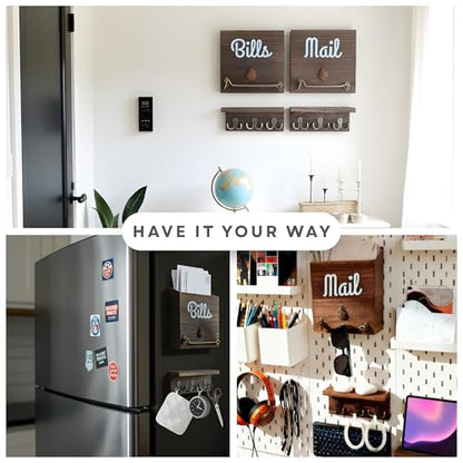 eBun Narrow Wood Mail Holder 2-Pack with 12 Key Hooks | Wall Mount, No-Drill Magnetic, Vertical Mail & Bills Slot, Entryway Decor - color: 2-Pack Mail & Bills
