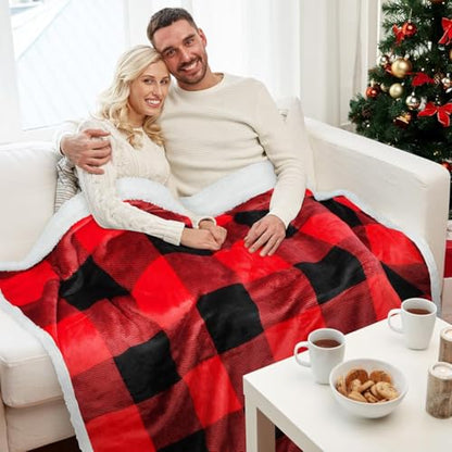 Red Black Plaid Sherpa Blanket, Buffalo Sherpa Throw Blanket, Reversible Super Soft Warm Comfy Fuzzy Snuggly Holiday Throws for Couch Sofa Cabin Decro - color: Checkered