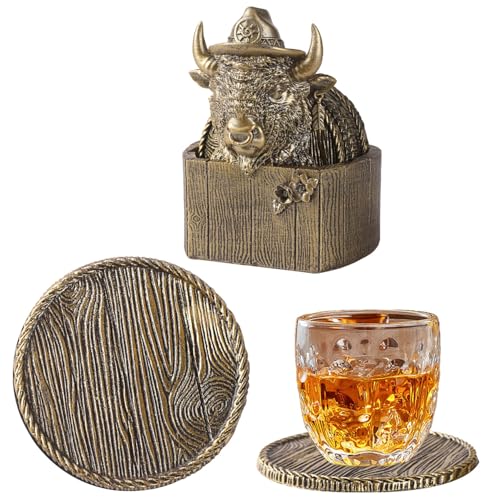 Cabin Coasters Set 6 Full Size Non-Slip Bar Coasters, Indoor Christmas Decorations, Man Cave Gifts for Men, Rustic Handmade Decor for The Home (Buffalo) - style: Buffalo-02