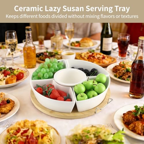 Taco Bar Serving Set for a Party, Veggie Tray Platter with Lid, Ceramic Lazy Susan Serving Tray with Divided Sections, Wooden Lids and Metal Handles, 360 Rotating Serving Set for Fruits Vegetable Dip