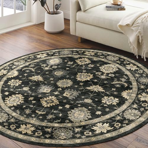 LUXRUG Washable Round Area Rug 6ft - Charcoal Black Floral Bedroom Rug | 6x6 Circle Rug Non-Slip Farmhouse Dining Room Carpet Soft Vintage Boho Round Rugs for Bedroom Entryway Foyer Office - color: Charcoal Black, size: 6' (Round)
