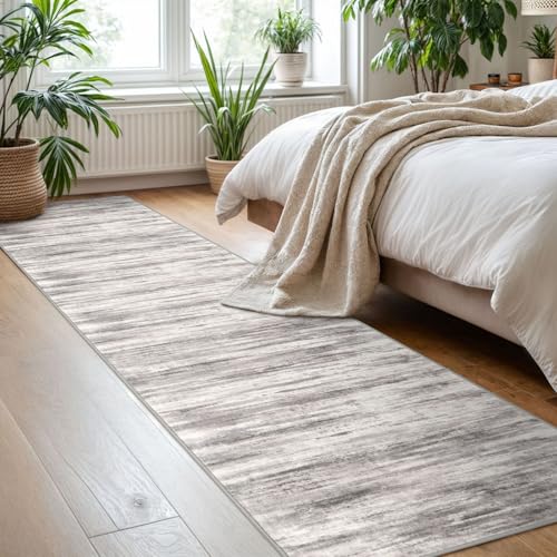 KOZYFLY Modern Abstract Washable Rug Runner 2x8 Hallway Runner Rug Non-Slip Soft Kitchen Runner Rugs, Print Grey/Light Beige/Brown Striped Carpet Runner for Entryway Bathroom - color: Grey/Light Beige/Brown, size: 2' x 8' (Runner)