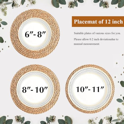 6 Pack 12 Inch Round Wicker Woven Placemats | Natural Water Hyacinth Braided Rattan Mats, Boho Farmhouse Style for Indoor & Outdoor Table Decor - size: 12 Inch Set of 6