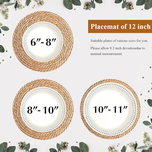 8 Pack 12 Inch Round Wicker Woven Placemats | Natural water hyacinth braided rattan mats, boho farmhouse style for indoor & outdoor table decor - size: 12 Inch Set of 8