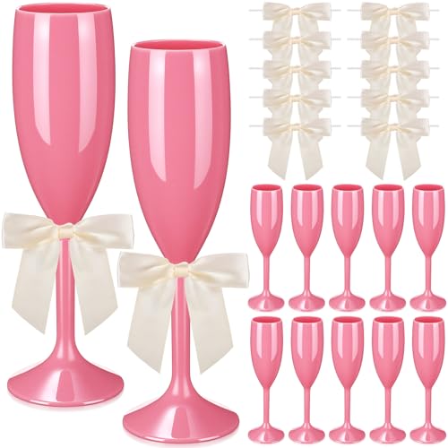 Zopeal Plastic Reusable Champagne Flute Glasses 6 oz and 50 Pcs Bow Set Acrylic Wedding Toasting Goblet 3.5" Bow Unbreakable Wine Cup for Bachelorette Bridal Shower Party(Pink and Beige) - color: Pink and Beige