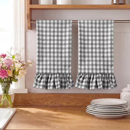 HunnmingRe Gray Kitchen Towels Set of 2, 100% Cotton Ruffled Gingham Dish Towels 18"x28" Tea Cloths Classic Plaid Pattern for Farmhouse Charm, Drying Dishes, Entertaining Guests - color: Gray, style: Gingham