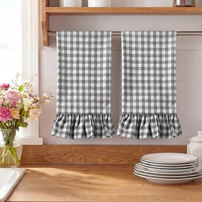 HunnmingRe Gray Kitchen Towels Set of 2, 100% Cotton Ruffled Gingham Dish Towels 18"x28" Tea Cloths Classic Plaid Pattern for Farmhouse Charm, Drying Dishes, Entertaining Guests - color: Gray, style: Gingham