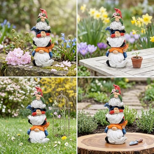 Hodao Spring Gnome Decor Statue, Resin Three Wise Gnomes Figurine with See No Evil Hear No Evil Speak No Evil Design, Cute Tiered Tray Shelf Table Accent, Year Round Gift - style: Three Wise Gnom