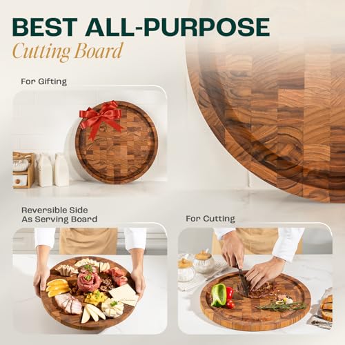Yes4All Round Teak Cutting Boards for Kitchen, [16"D x 1"Thick] End Grain Cutting Board, Teak Wood Serving Board, Food Safe Surface for Slicing and Serving, Wood Charcuterie Board with Build In Handle - size: 16"L x 1"W, style: Teak