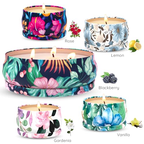 5 Set Highly Scented Candles Gift Set for Home Women, Decorative Natural Soy Wax Aromatherapy Candles for Christmas - 1pc 13.5oz BlackBerry and 4pcs 2.5oz Rose, Lemon, Vanilla and Gardenia Fragrance - size: 4x2.5oz+1x13.5oz