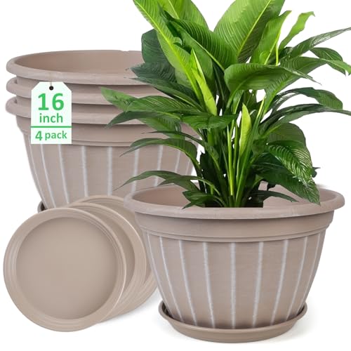 4 Pack 16 inch Plant Pots, Retro Vertical Stripe Flower Pots Outdoor | Large Planters with Drainage Holes and Saucer, Sturdy Plastic Garden Pots for Indoor Outdoor Plants(Beige) - color: Beige, size: 16 inch-4 pack
