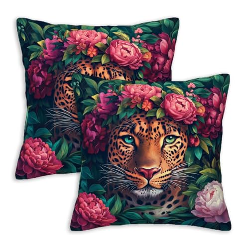 Leopard Floral Throw Pillow Covers 18x18 Set of 2 | Jungle Botanical Animal Decorative Cushion Covers for Couch Sofa Living Room | Dark Boho Flower Pillowcases for Bedroom Home Decor - color: Boho Leopard