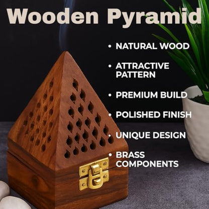 Bless-International Traditional-Handmade-Burner Wooden-Incense-Stick-Holder Ash-Catcher-Stand for-Aromatherapy-Meditation-Yoga (5 Inch Temple Wooden Charcoal/Cone) - color: Wooden Pyramid