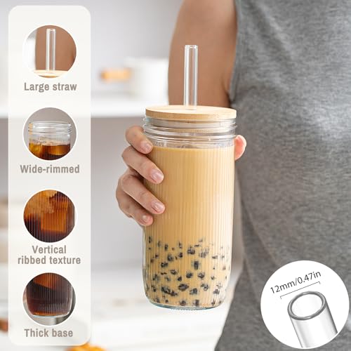 SoulTimes 24oz Mason Jar Drinking & Storage- Ribbed Glass Tumbler with Straw and Lid. Wide Mouth Boba Cups for Ice Coffee, Smoothie, etc. Leakproof and Reusable Food Container For Travel To Go 【4 Pcs】