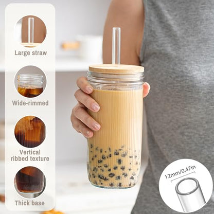 SoulTimes 24oz Mason Jar Drinking & Storage- Ribbed Glass Tumbler with Straw and Lid. Wide Mouth Boba Cups for Ice Coffee, Smoothie, etc. Leakproof and Reusable Food Container For Travel To Go 【4 Pcs】