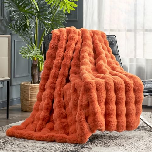 Cozy Bliss Faux Fur Throw Blanket for Couch, Fuzzy Soft Plush Thick Bubble Blanket for Sofa Bedroom Living Room, 50 * 60 Inches Halloween Burnt Orange - color: Burnt Orange, size: Throw(50" x 60")