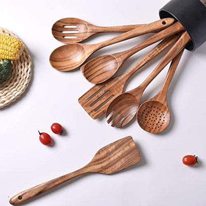 Gudamaye 13 inch Long Wooden Utensils for Cooking, Long Handle Wooden Spoons for Cooking, 7 PCES Crafting Wooden Spoon Set, Wooden Kitchen Utensil set, Natural Teak Wooden utensil Set - size: 7 PCS Long Handle