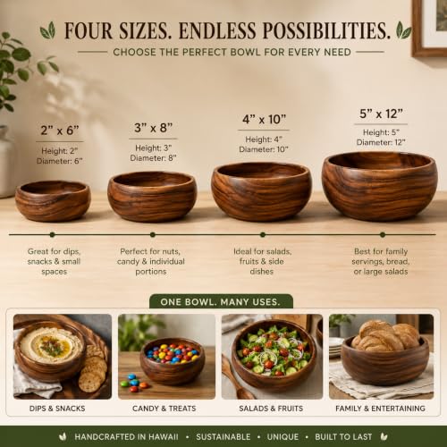 Handcrafted Hawaiian Wood Serving Bowl – Organic Acacia Natural Wooden Salad, Soup, Decor, Fruit & Candy Bowl (X-Large 5x12 inch) - size: Extra Large